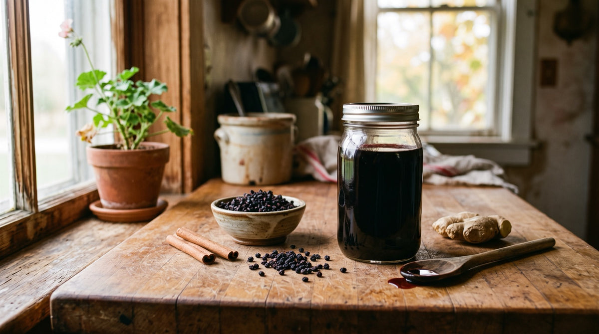 Jar of homemade elderberry syrup with dried elderberries, cinnamon sticks and fresh ginger on a kitchen counter