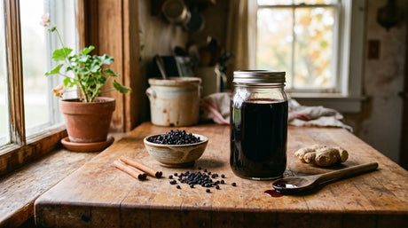 Jar of homemade elderberry syrup with dried elderberries, cinnamon sticks and fresh ginger on a kitchen counter