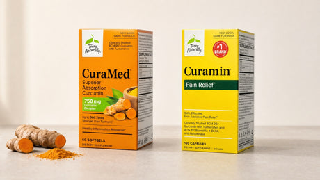 CuraMed and Curamin boxes side by side with fresh turmeric root