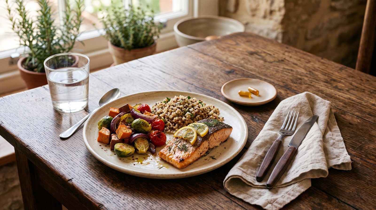 A home-cooked salmon dinner with roasted vegetables and grains on a wood table, with two capsules in a small dish beside the plate.