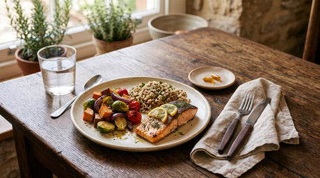 A home-cooked salmon dinner with roasted vegetables and grains on a wood table, with two capsules in a small dish beside the plate.