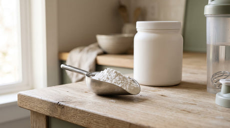 Creatine monohydrate powder in a scoop beside an unflavored tub
