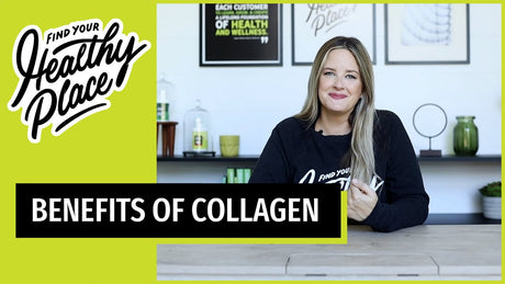 A smiling woman with blonde hair sits at a wooden table. A banner to her left reads "Find Your Healthy Place." A banner at the bottom of the screen reads "Benefits of Collagen."