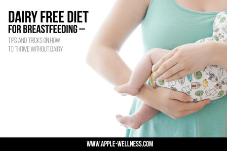 A woman holding a baby, with text overlay stating "DAIRY FREE DIET FOR BREASTFEEDING – TIPS AND TRICKS ON HOW TO THRIVE WITHOUT DAIRY."