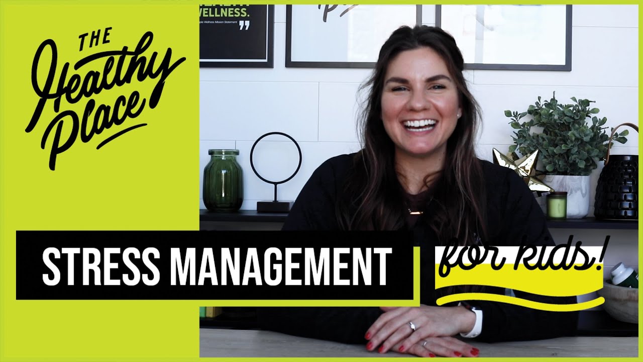 A video thumbnail from "The Healthy Place" featuring a smiling woman at a table with bold text reading "STRESS MANAGEMENT for kids!" and the brand’s logo on a lime green background.