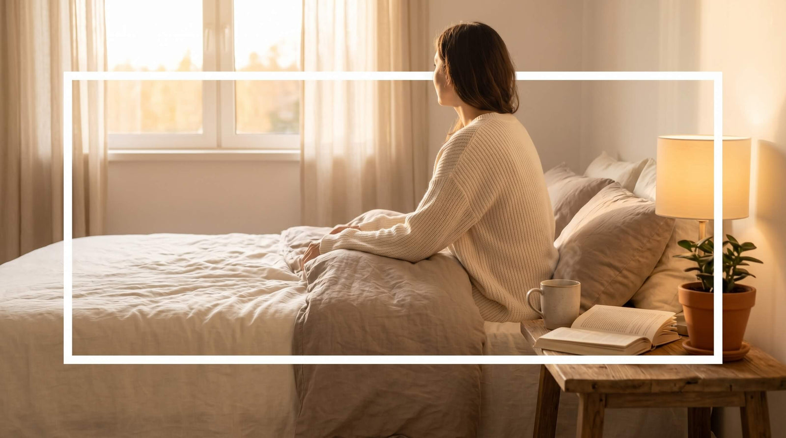 Woman sitting on a bed in warm morning light — a calm bedroom setting that supports better sleep with CBD.