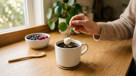 A hand stirring a scoop of unflavored collagen peptide powder into a mug of morning coffee on a sunlit oak kitchen counter, with a bowl of berries and a green plant softly out of focus in the background.