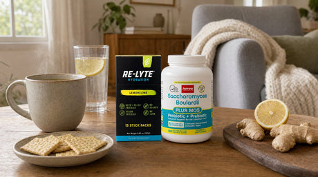 Redmond Re-Lyte electrolyte mix and Jarrow Saccharomyces Boulardii on a side table with a mug of broth, water with lemon, crackers and fresh ginger