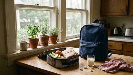 Child's backpack and packed lunch with apple slices on a kitchen counter in morning light