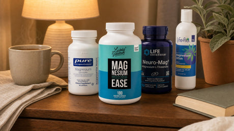 Four magnesium supplements arranged on a walnut wood nightstand under warm evening lamplight: Lively Vitamin Co. Magnesium Ease, Pure Encapsulations Magnesium Glycinate, Life Extension Neuro-Mag, and Life-Flo Magnesium Lotion.
