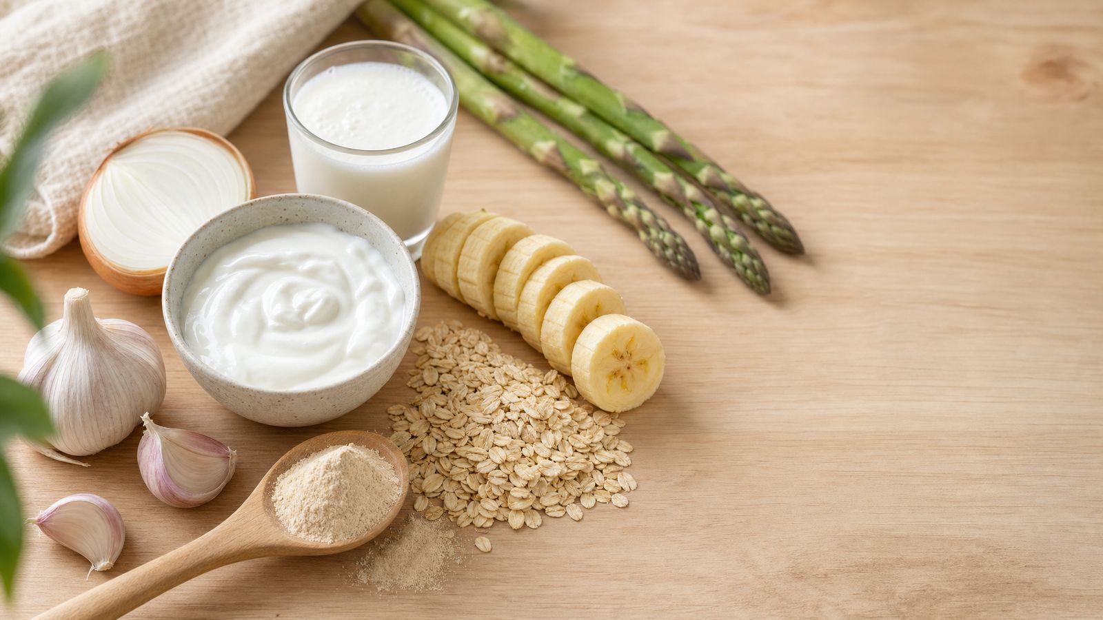 A spread of prebiotic and probiotic foods including yogurt, kefir, oats, banana, garlic, onion and asparagus on a wood surface.