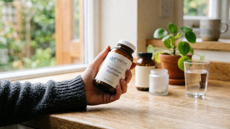 A hand holding an amber glass bottle of Metabolic Maintenance Magnesium Glycinate capsules, turning it to read the label, on a sunlit oak kitchen counter beside a green plant and a glass of water.