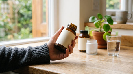 A hand holding an amber glass supplement bottle, turning it to read the label, on a sunlit oak kitchen counter beside other unlabeled bottles, a green plant, and a glass of water.