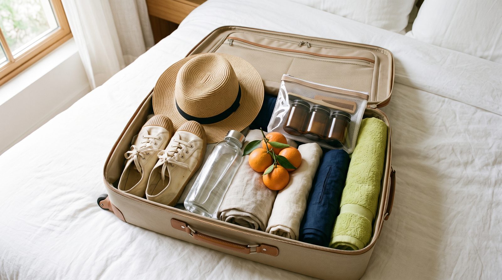 Open suitcase packed for a summer trip with a straw hat, sneakers, a water bottle, oranges, and a travel pouch of supplement jars