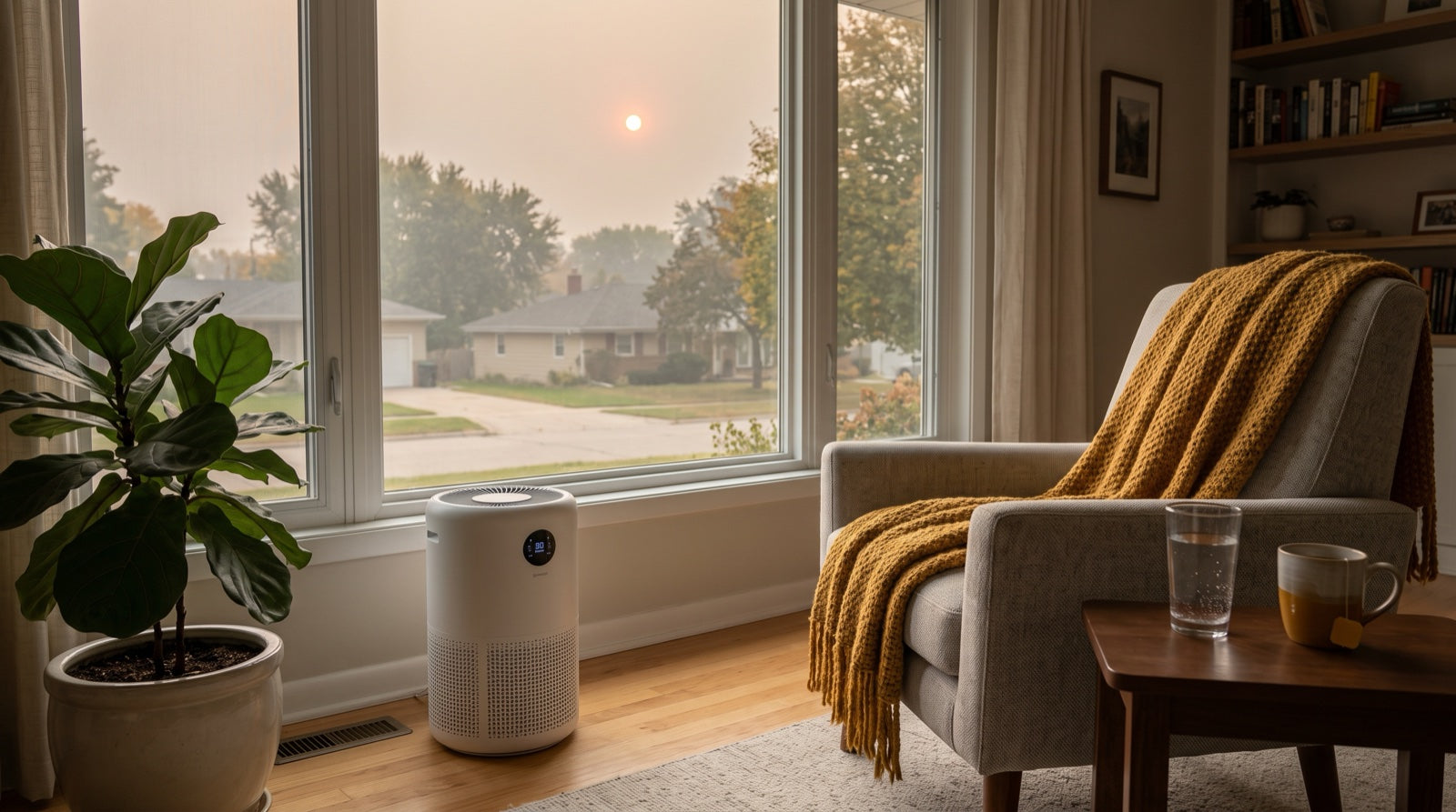Calm living room on a wildfire smoke day: hazy orange sky and dim sun through the window, air purifier running beside a potted plant, glass of water and herbal tea on the side table