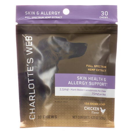 The front of the Charlotte's Web Skin Health & Allergy Support Chews 30 chews package emphasizes its full-spectrum hemp extract with 2.5mg plant-based cannabinoids per chew and 75mg per bag. It promotes skin health and addresses seasonal allergies in adult dogs, with a chicken flavor and USA-grown hemp. The net weight is 4.23 oz (120g).