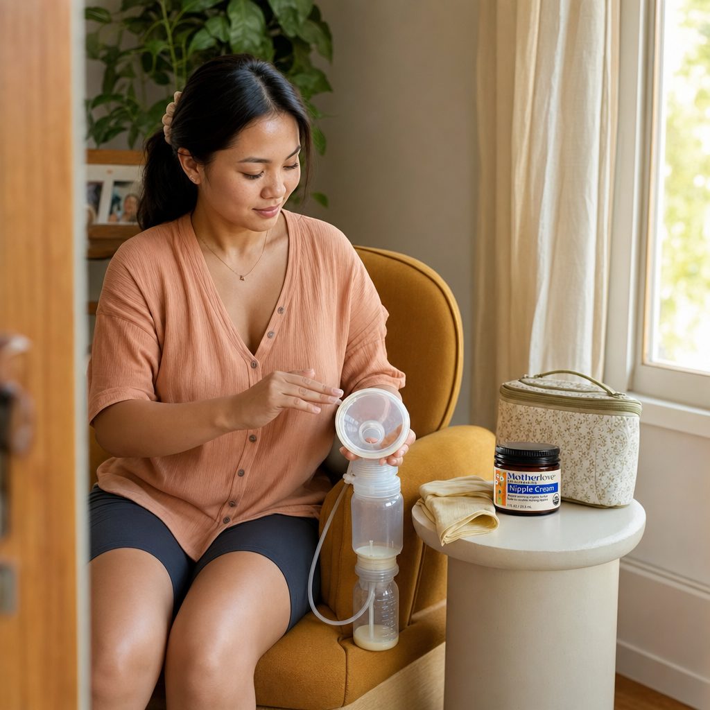 Motherlove Nipple Cream shown with breastfeeding and pump-friendly balm use details