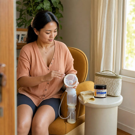 Motherlove Nipple Cream shown with breastfeeding and pump-friendly balm use details