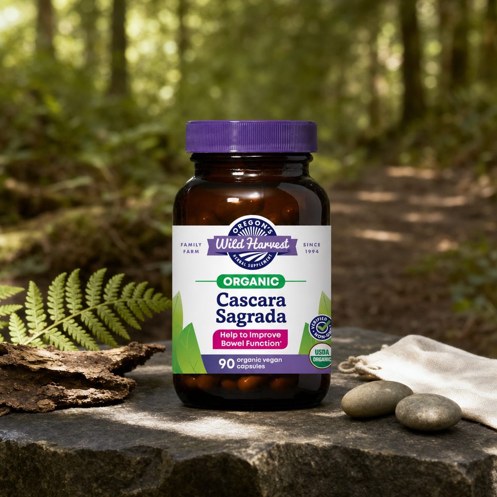 Oregon's Wild Harvest Cascara Sagrada bottle side panel with product details