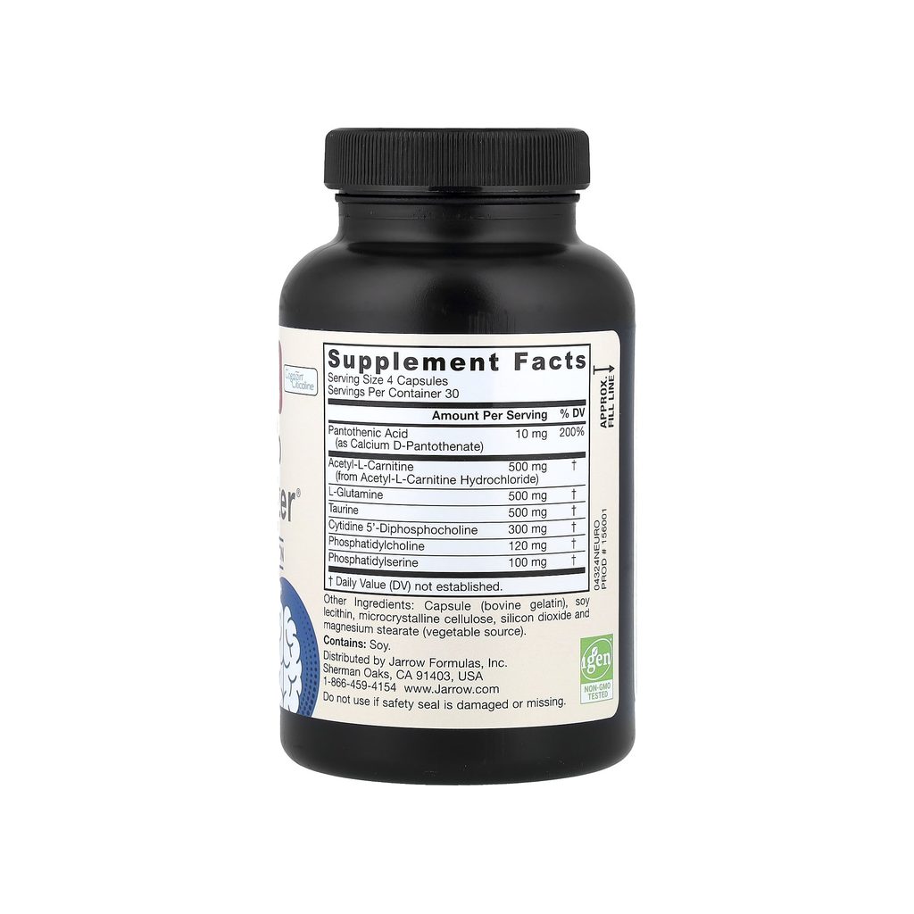 Jarrow Formulas Neuro Optimizer supplement facts panel listing ingredients, dosage, and serving size