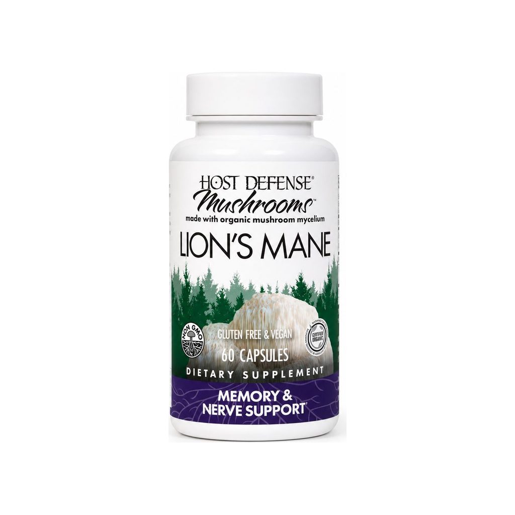 Host Defense Lion's Mane 60 Capsules front bottle label with mushroom supplement details