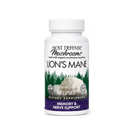 Host Defense Lion's Mane 60 Capsules front bottle label with mushroom supplement details