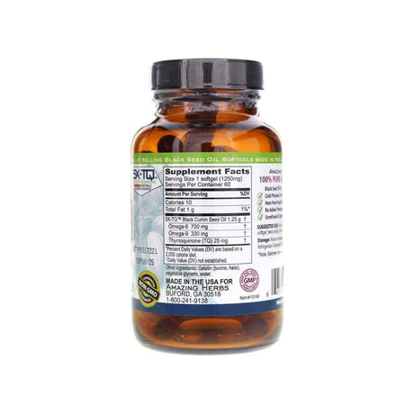 Amazing Herbs Premium Black Seed Oil XL Softgels supplement facts panel with ingredients and serving size