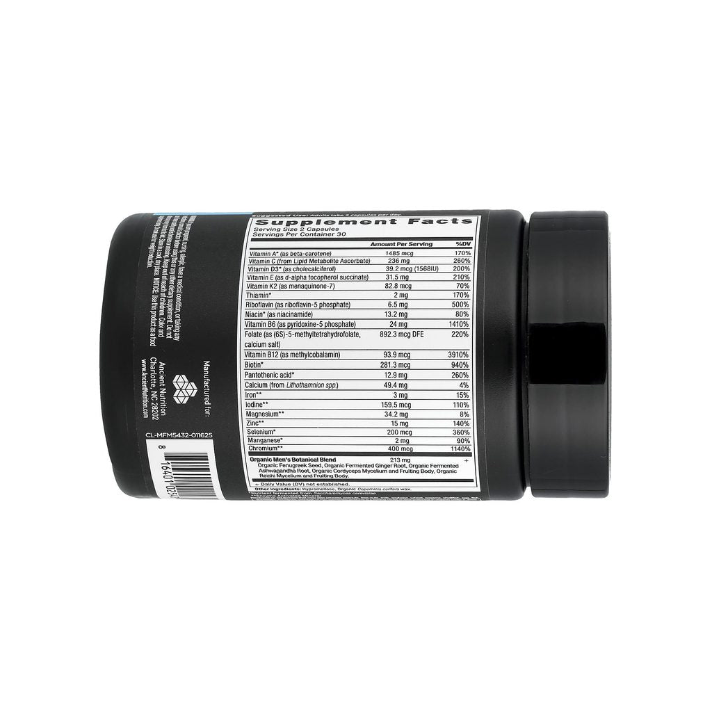 Ancient Nutrition Men's Fermented Multi supplement facts panel listing ingredients and serving size