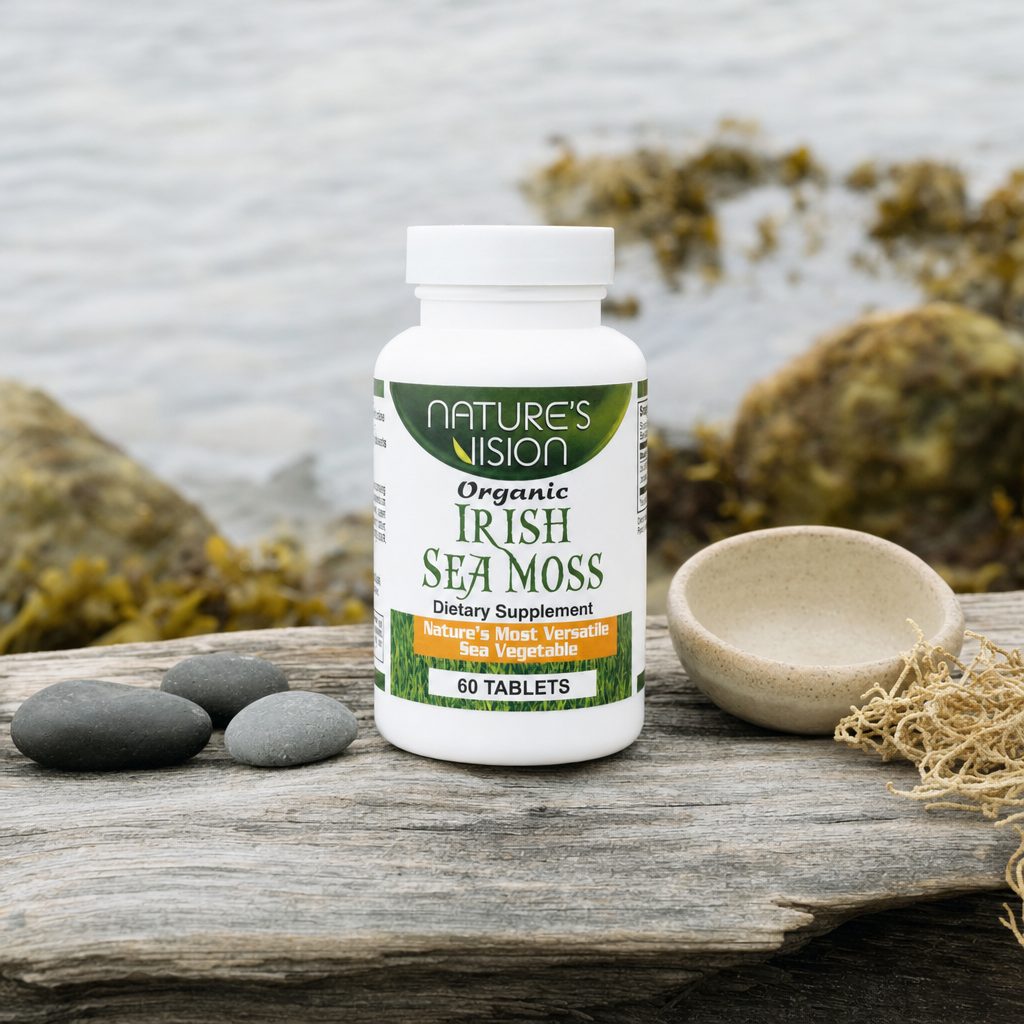 Nature's Vision Organic Irish supplement bottle on a clean kitchen counter