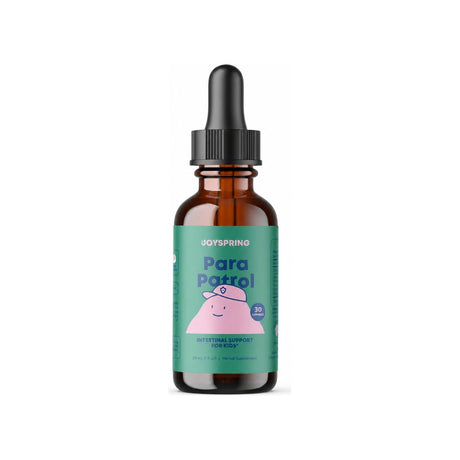 JoySpring ParaPatrol Drops 30 mL front bottle with raspberry-flavored kids digestive formula label
