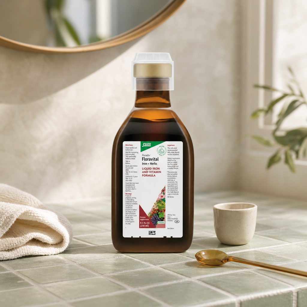 Floradix Floravital Iron + Herbs Yeast-Free package showing vegan and gluten-free front label