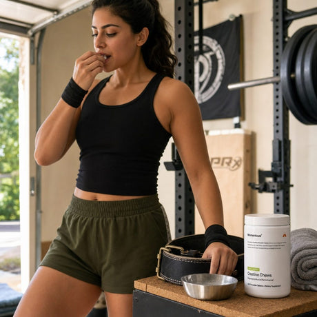 Momentous Creatine Chews packaging and tablets arranged on a clean product background