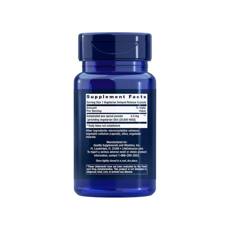 Life Extension Food Sensitivity Relief DAO supplement facts panel listing ingredients and serving size