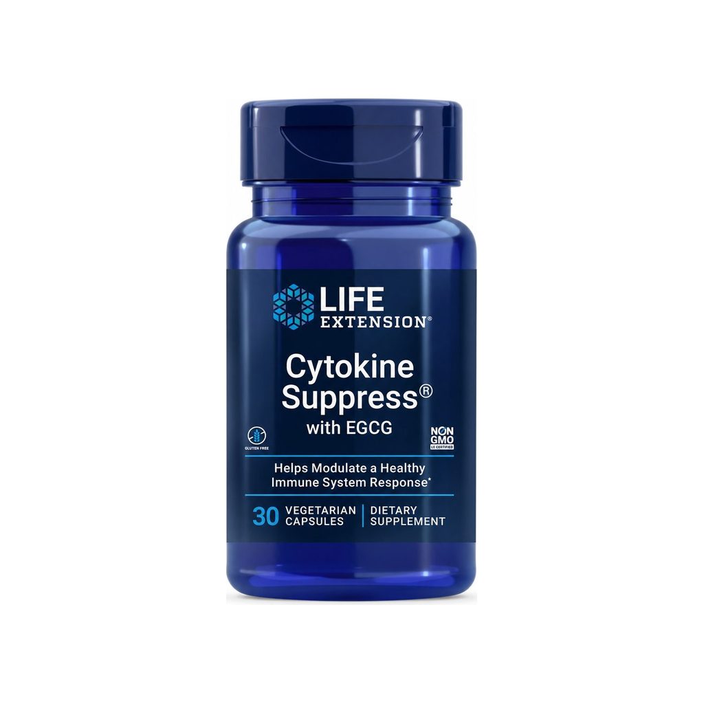 Life Extension Cytokine Suppress with EGCG 30 vegetarian capsules front bottle with gluten free and non-GMO badges