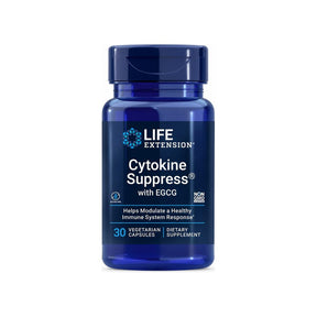 Life Extension Cytokine Suppress with EGCG 30 vegetarian capsules front bottle with gluten free and non-GMO badges