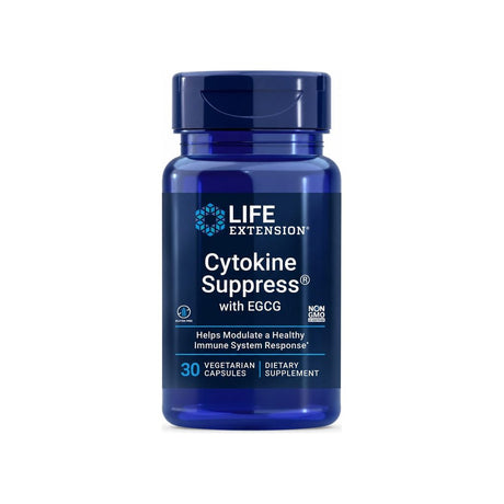 Life Extension Cytokine Suppress with EGCG 30 vegetarian capsules front bottle with gluten free and non-GMO badges