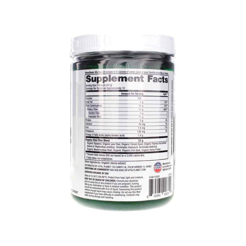 Vital Planet Organic Vital Fiber supplement facts panel listing ingredients, dosage, and serving size