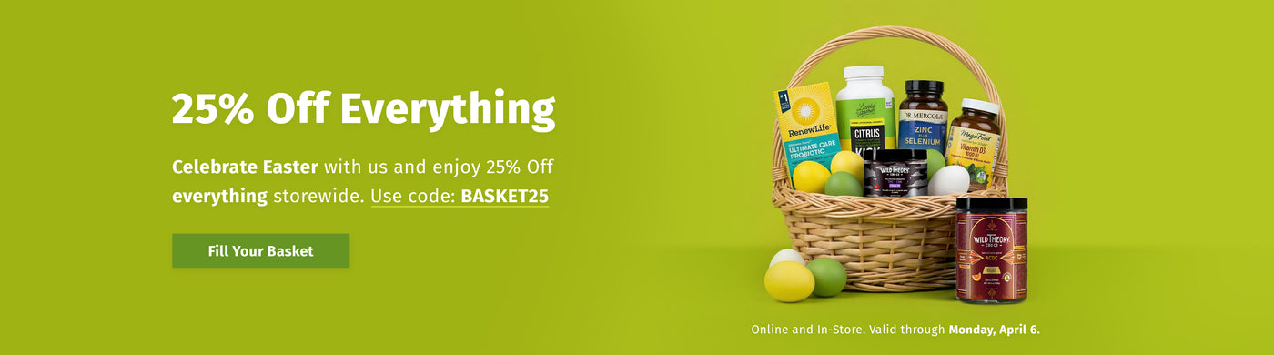 Easter basket with eggs around various The Healthy Place products, on a green background.