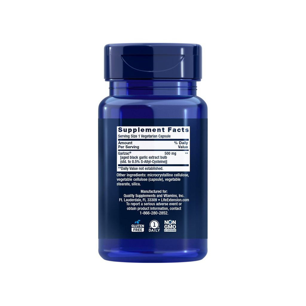 Life Extension Aged Black Garlic bottle back label with supplement facts panel