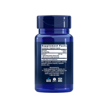 Life Extension Aged Black Garlic bottle back label with supplement facts panel