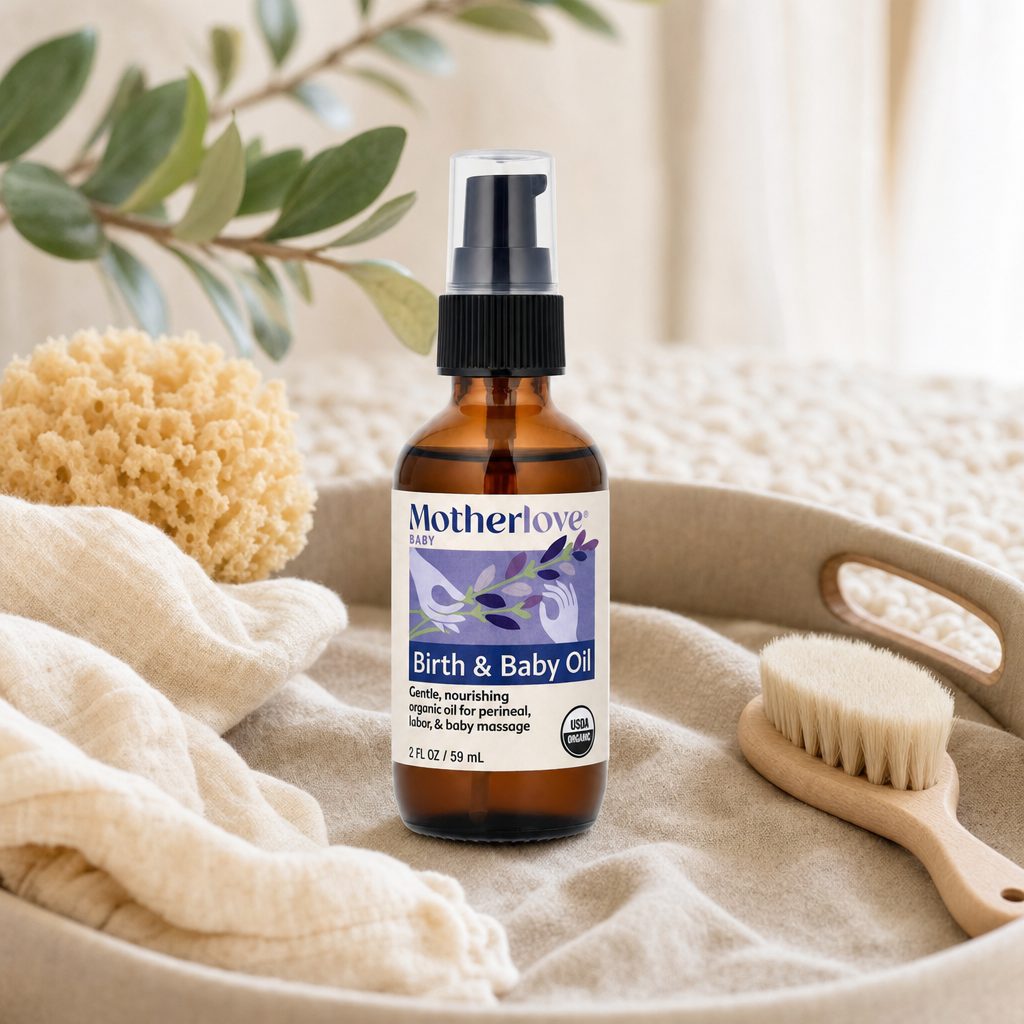 Motherlove Birth & Baby Oil bottle with packaging details for pregnancy, labor, and baby massage