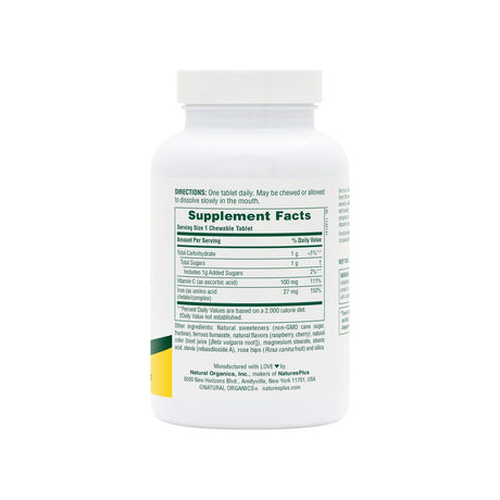 NaturesPlus Chewable Iron with Vitamin C & Herbs supplement facts panel listing ingredients and serving size