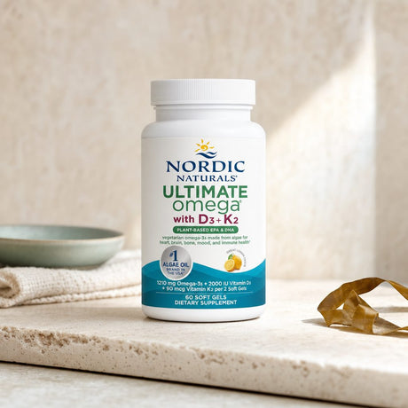 Nordic Naturals Ultimate Omega Plant-Based with D3+K2 box showing plant-based EPA DHA benefits