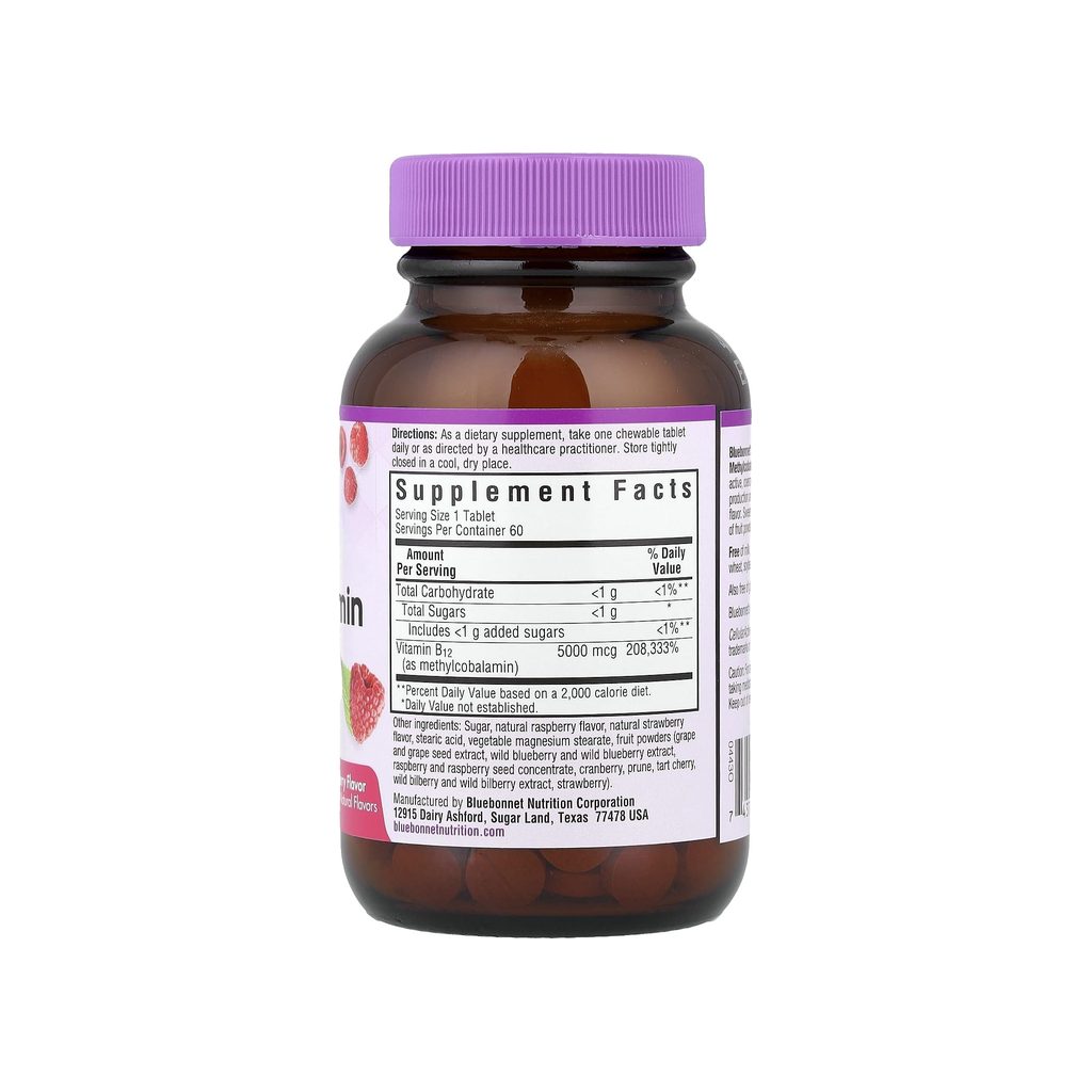 Bluebonnet EarthSweet Chewables Methylcobalamin 5000 mcg supplement facts panel listing dosage