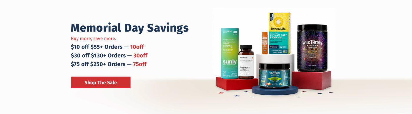 Memorial Day Savings banner with tiered discount codes, featured wellness products, and a “Shop The Sale” button. Valid online and in-store through Monday, May 25.