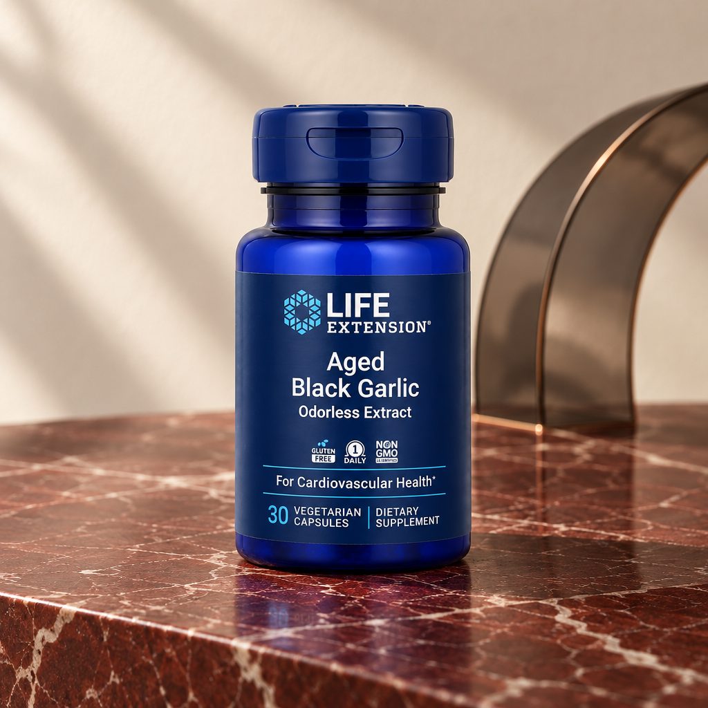Life Extension Aged Black Garlic bottle on a red marble surface beside a curved smoked-glass arch