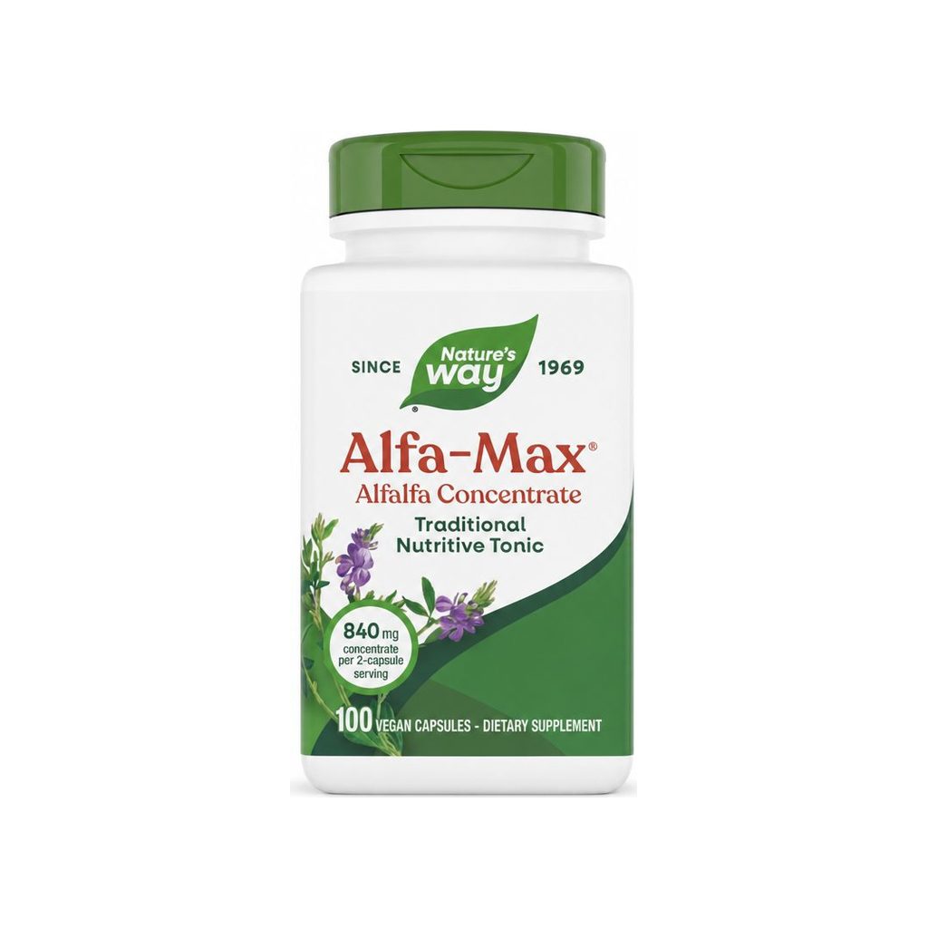 Nature's Way Alfa-Max 100 capsules bottle with green alfalfa supplement label