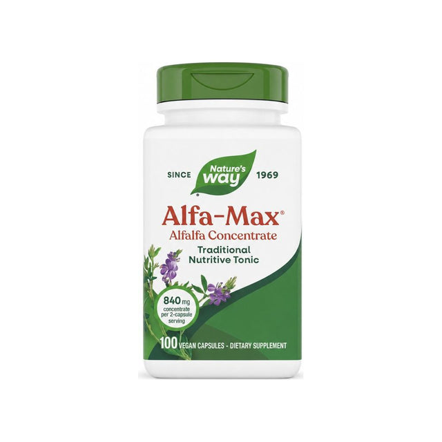 Nature's Way Alfa-Max 100 capsules bottle with green alfalfa supplement label