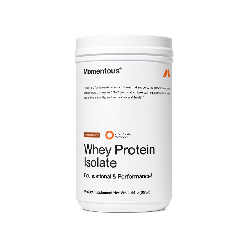 Momentous Whey Protein Isolate Chocolate 1.44 lb tub front packshot