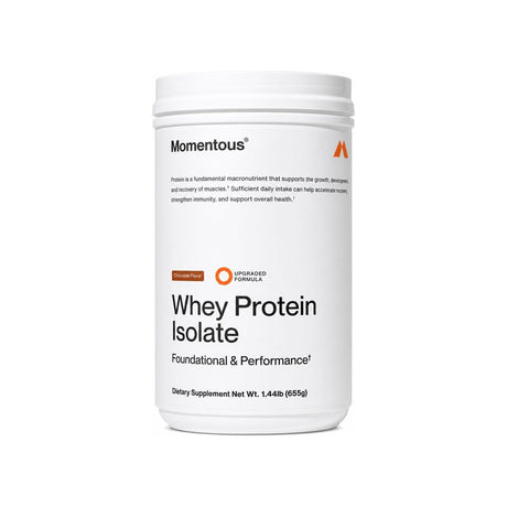 Momentous Whey Protein Isolate Chocolate 1.44 lb tub front packshot